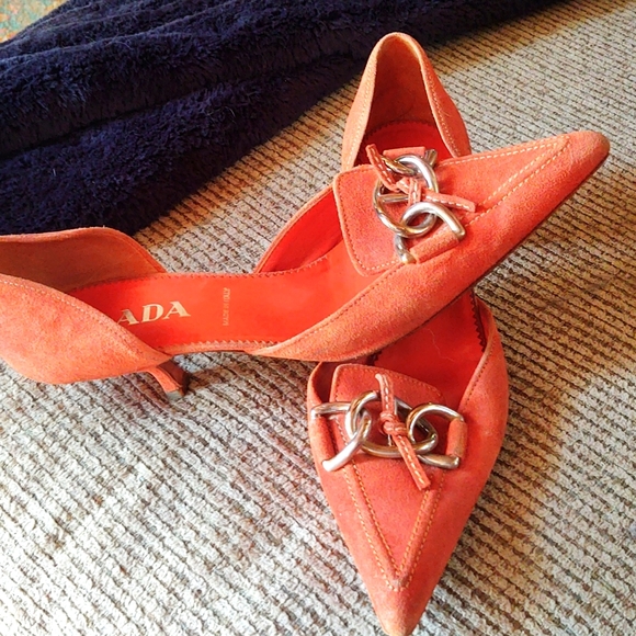 Prada Orange Suede Flats with Silver Buckle - Picture 1 of 6